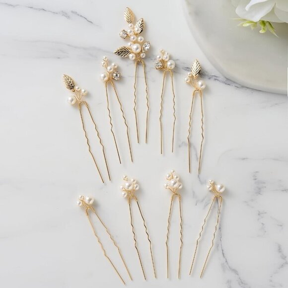 Wedding Hair Accessories Pearl Rhinestone Leaf Pins Set for Brides Bridesmaids main image 4